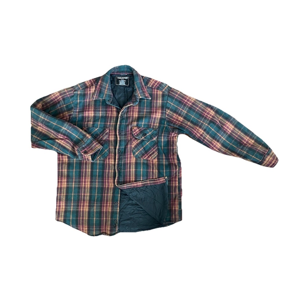 Thunder Mens Vintage Quilted Flannel Shirt Jacket Green Burgundy Plaid Large